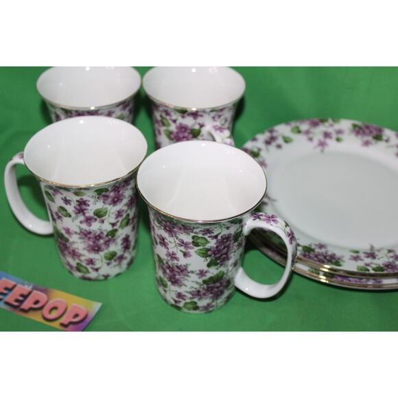 8 Piece Violets Purple Floral Grace's Teaware 4 Mugs 4 Plates Tea Coffee Serving - Picture 3 of 13